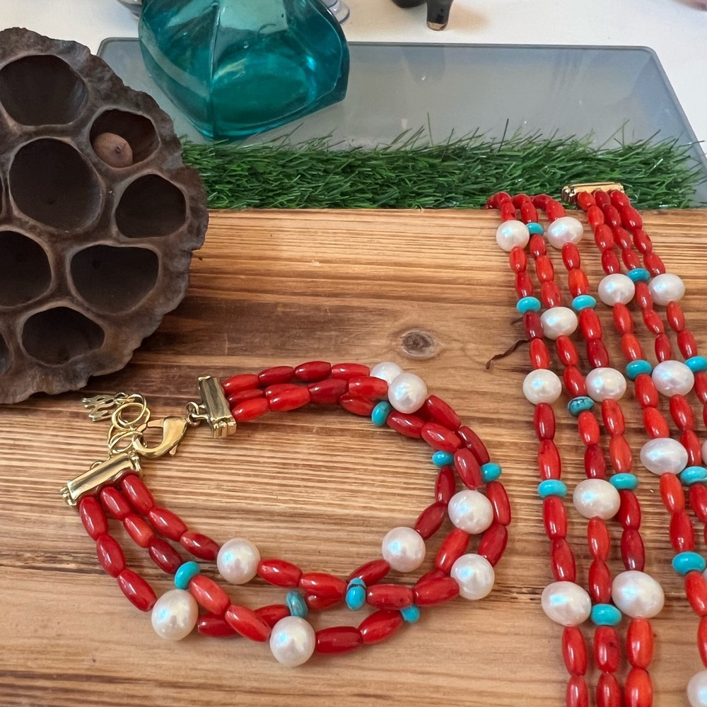 American Western Brass Coral Pearl and Turquoise 3-strand Bracelet
